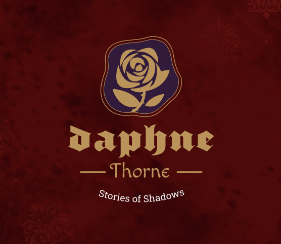 "Logotipo de la autora Daphne Thorne con tipografía estilo gótico y tagline Stories of Shadows".